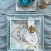 Vajilla referencia Aura de 5 piezas por puesto, con hermoso diseño de mandalas en todos azul aguamarina y miel.
